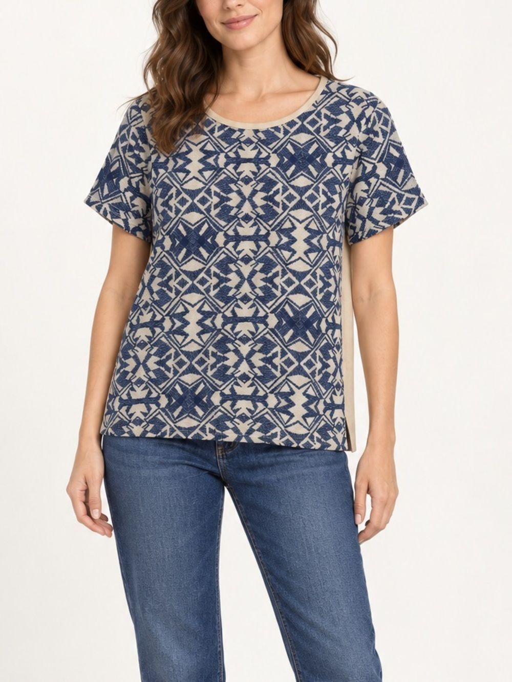 Maje Blue Beige Jacquard Mixed Media Short Sleeve Top Size L